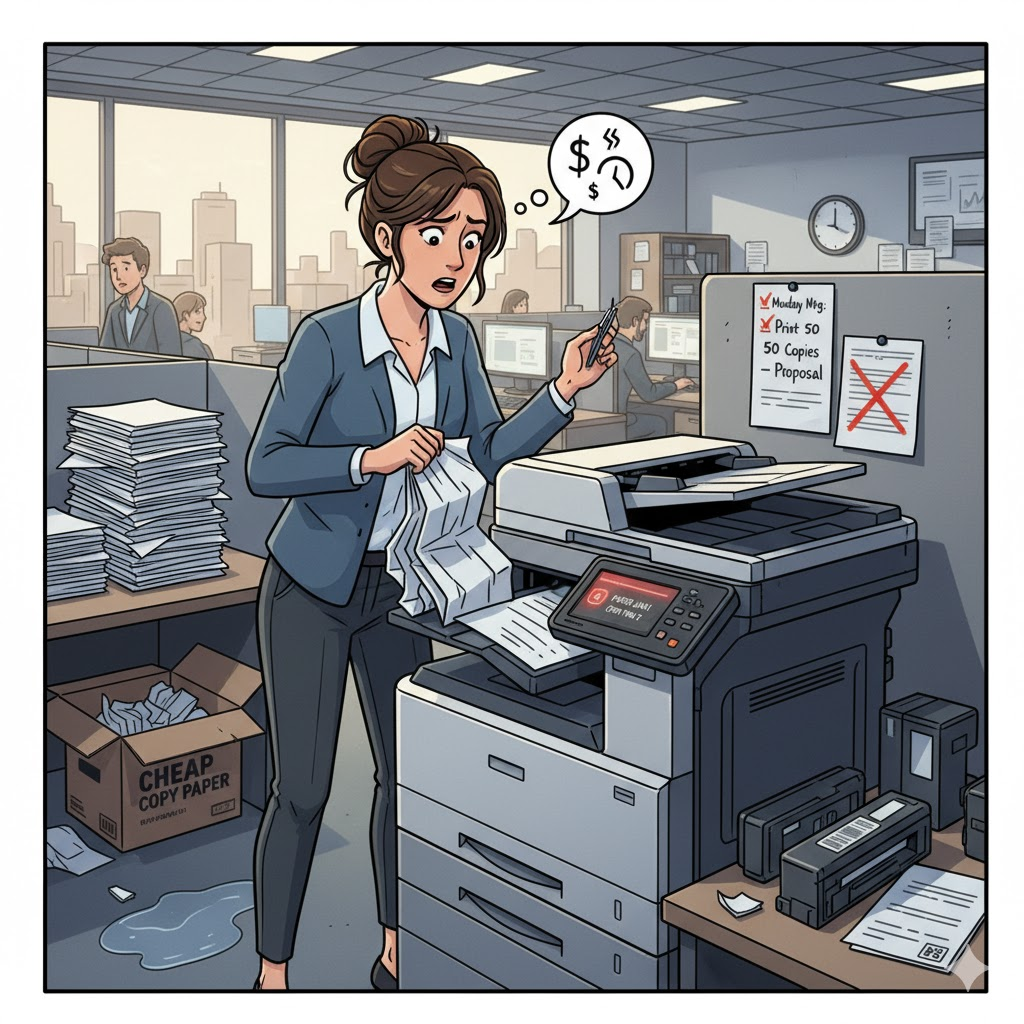 The Overwhelmed Employee: The central figure is a professional woman looking frustrated and stressed while holding a crumpled, jammed document. This immediately captures the reader's emotion and makes the problem relatable.
The Broken Printer/Copier: The machine displays a prominent error message, symbolizing the frustration and lost productivity that the article promises to solve.
Visualizing the Mistakes:
An open box labeled "CHEAP COPY PAPER" is on the floor, directly referencing the article's Mistake #1 (Using Low-Quality Paper).
A large stack of paper next to the box suggests a bulk purchase or overloaded tray (Mistake #3).
The crumpled paper in her hand suggests improper jam removal (Mistake #5).
The Deadline: A sticky note or whiteboard with "Monday Mtg: Print 50 Copies - Proposal" (with a clear red 'X') visually reinforces the critical timing and the cost of the failure—lost opportunity.
The Cost Symbol: The speech bubble with dollar signs and a frown symbol ($$$ :($) directly represents the hidden financial costs of these common printer mistakes, which is the central thesis of the article.