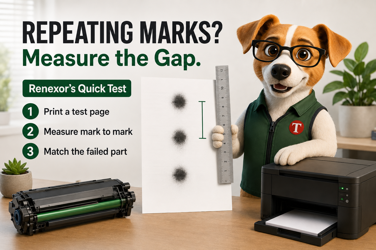 Repeating Marks on Every Page Measure the Gap — Your Printer Just Told You Which Part Failed