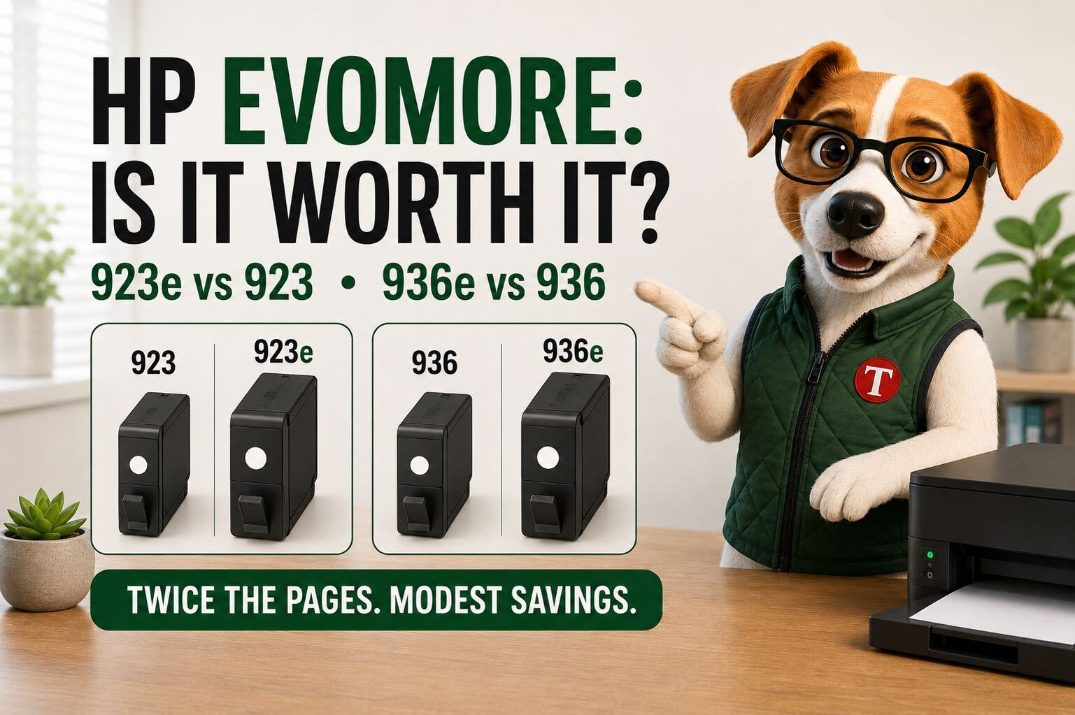 HP 923 and 923e cartridges beside HP 936 and 936e EvoMore cartridges